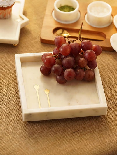 Handcrafted White Marble Utility Tray With Brass Inlay