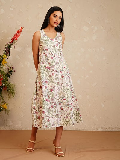 Women Multicolour Cotton Floral Round Neck Dress - L