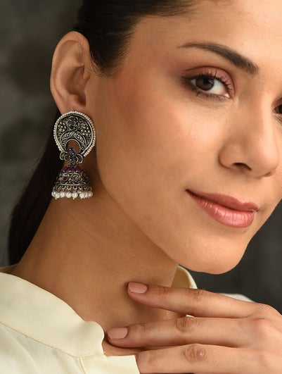 Ruby Pink Silver Tone Tribal Jhumki Earrings