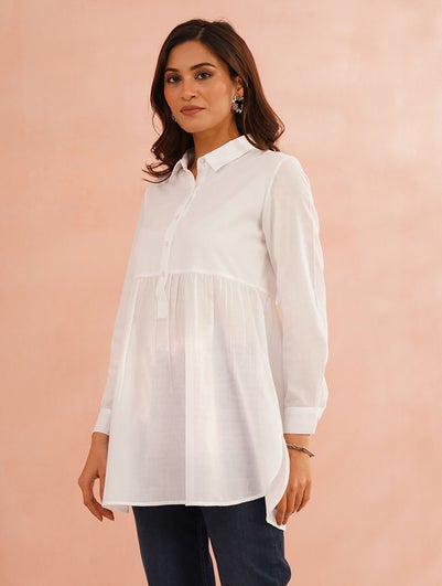 Women White Cotton Self Design Shirt Collar Regular Fit Tunic - XS