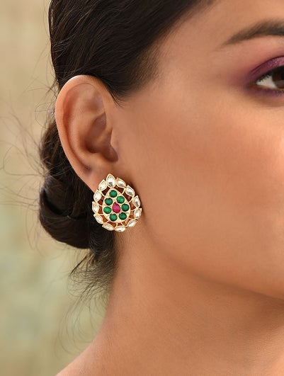 Women Ruby Pink Green Gold Tone Kundan Stud Earrings