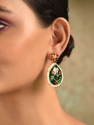 Women Red Green Gold Tone Dangler Earrings