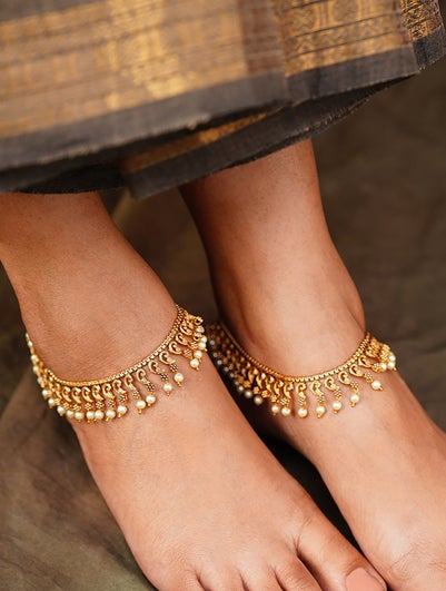 Women Red Gold Tone Temple Anklets