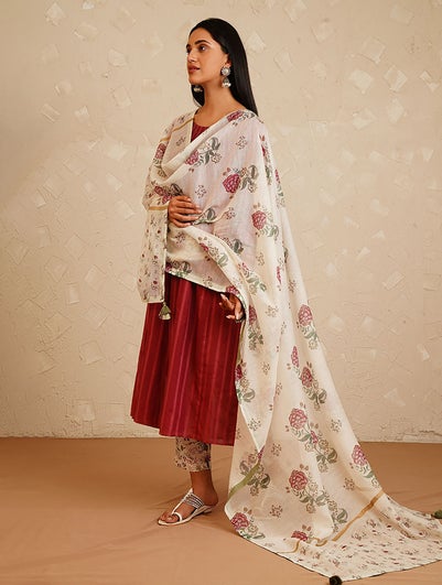 Women Multicolor Print Silk Cotton Dupatta With Tassels