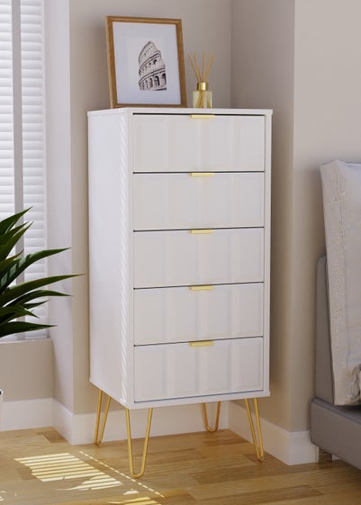 Ready Assembled Cube 5 Drawer Tall Bedside Cabinet