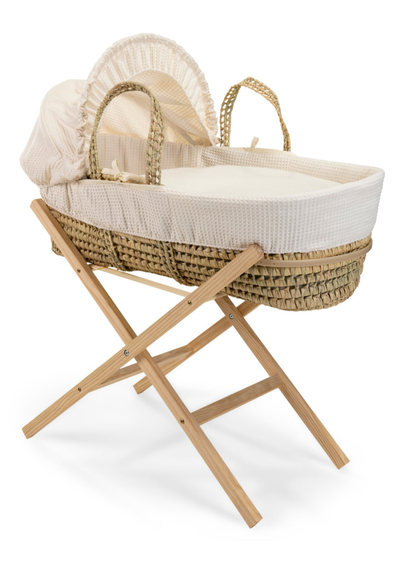 Clair de Lune Cream Waffle Palm Moses Basket with Natural Folding Stand