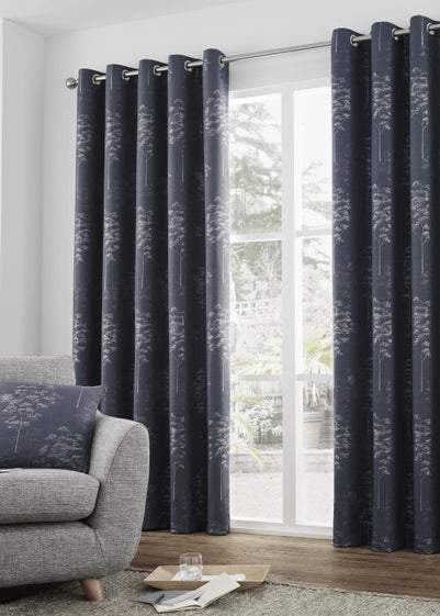 Curtina Elmwood Jacquard Navy Eyelet Curtains - 46W X 54D (116x137cm)