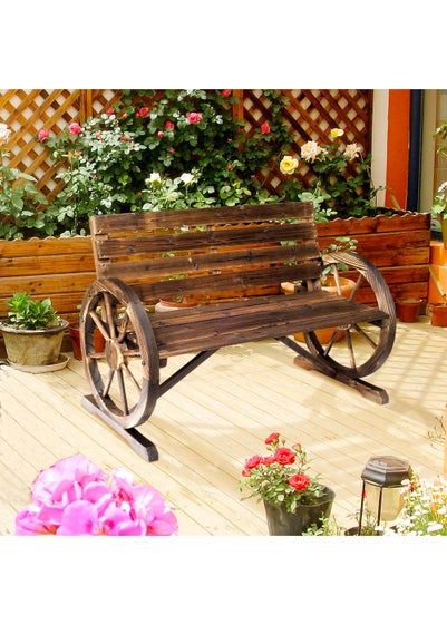 Outsunny 2 Seater Garden Bench Outdoor Garden Armrest Chair with Wooden Cart Wagon Wheel