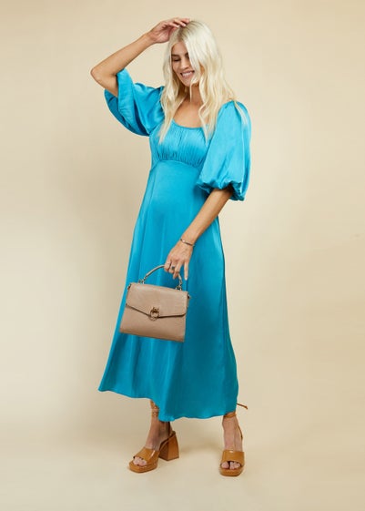 Little Mistress Blue Milkmaid Satin Maxi Dress