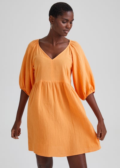 Orange V-Neck Double Cloth Mini Dress