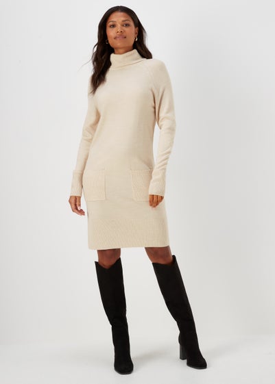 Taupe Super Soft Roll Neck Knitted Tunic Dress - Size 20