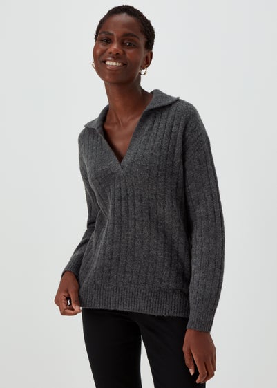 Charcoal Collar Ribbed Jumper