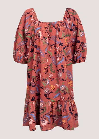 Papaya Curve Coral Floral Square Neck Mini Dress