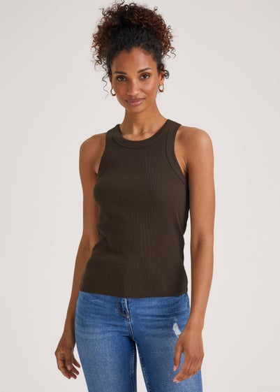 Brown High Neck Ribbed Vest Top