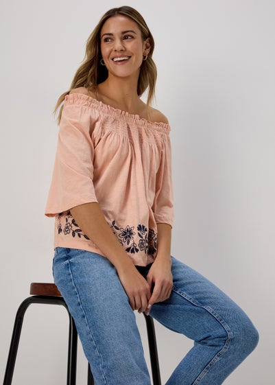 Pink Embroidered Bardot Top