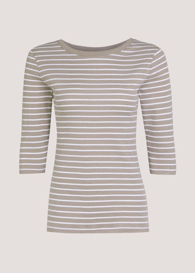 Beige Stripe 3/4 Sleeve T-Shirt - Size 8