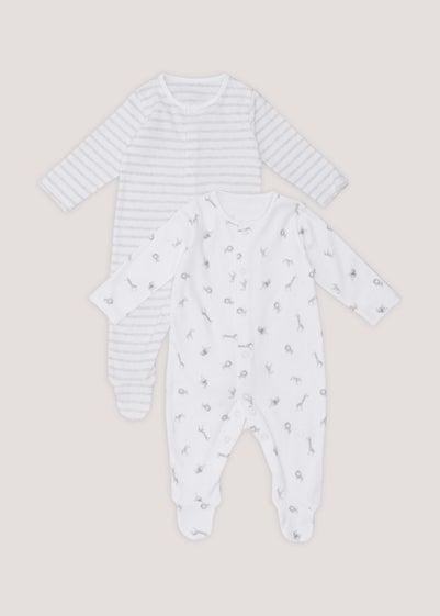 Baby 2 Pack Grey Safari Print Sleepsuits (Newborn-23mths) - Newborn