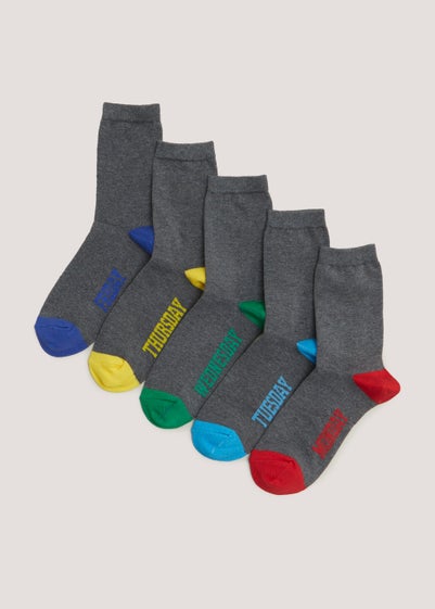 Kids 5 Pack Charcoal Marl Days of the Week Ankle Socks (Younger 6-Older 6.5) - Sizes 6 - 8.5