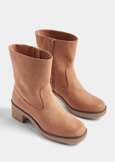 Tan Wide Fit Crepe Block Heel Boots