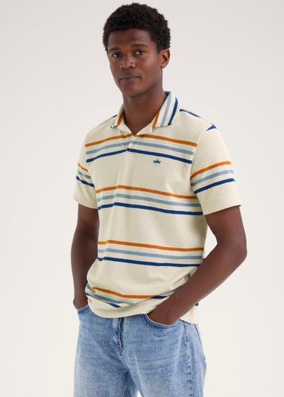 Ecru Stripe Print Textured Polo Shirt