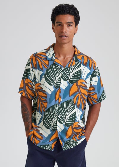 Multicoloured Leaf Print Revere Short Sleeve Shirt