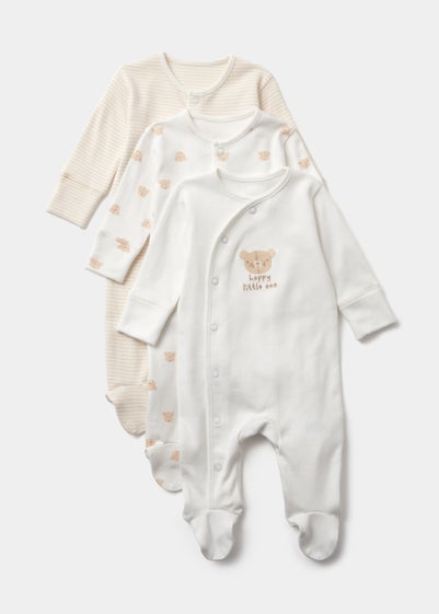 Baby 3 Pack Cream Bear Sleepsuits (Tiny Baby-18mths)