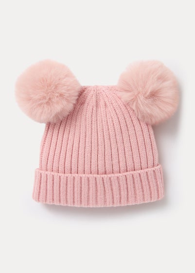 Pink Double Pom Pom Baby Beanie Hat (Newborn-24mths)