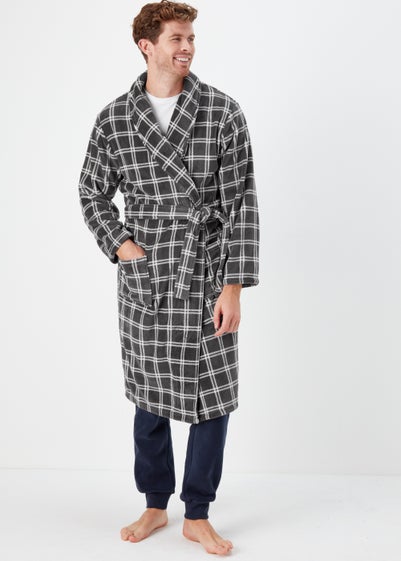 Grey Check Print Coral Fleece Dressing Gown - Small