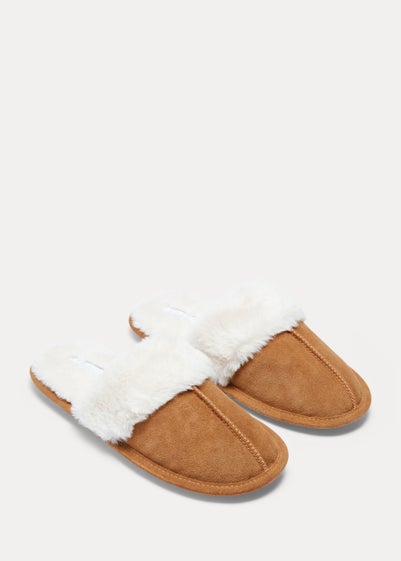 Tan Real Suede Trim Mule Slippers - Small