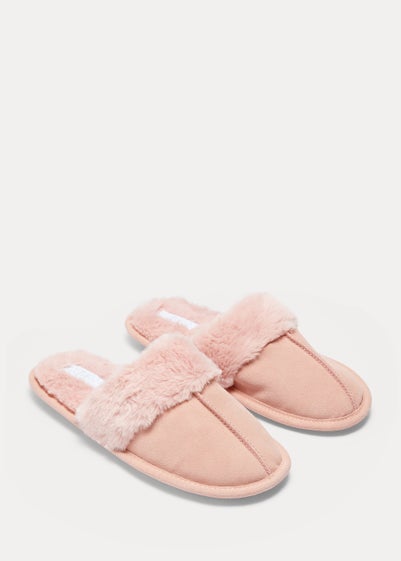 Pink Real Suede Trim Mule Slippers - Small