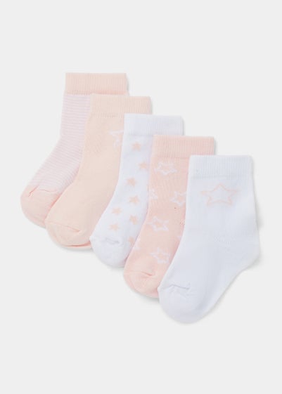 5 Pack Pink & White Baby Socks (Newborn-23mths)