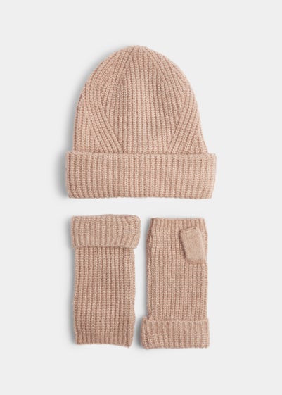 Murshroom Ribbed Beanie Hat & Fingerless Gloves Set