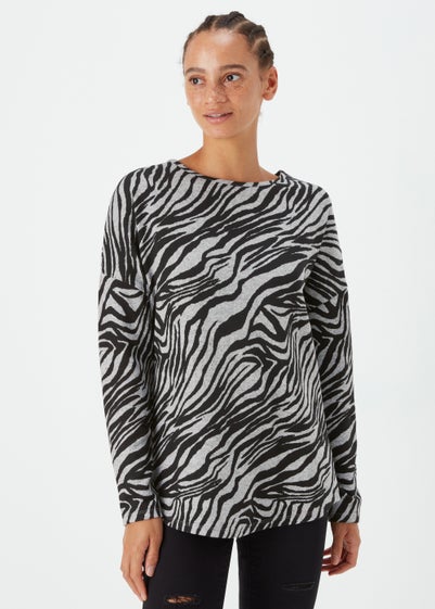 Grey Marl Zebra Print Crew Neck Jumper