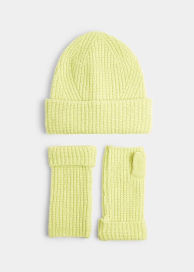 Lime Ribbed Beanie & Fingerless Gloves Set