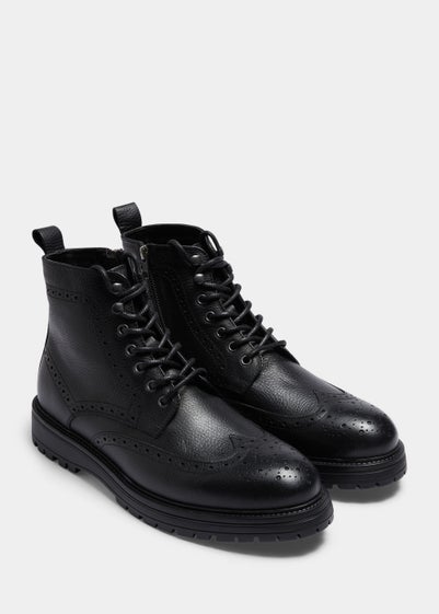 Black Leather Brogue Boots - Size 8