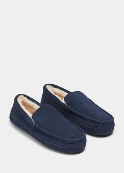 Navy Real Suede Faux Fur Moccasin Slippers - Size 6