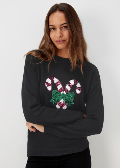 Black Sequin Christmas Candy Cane Jumper - Small