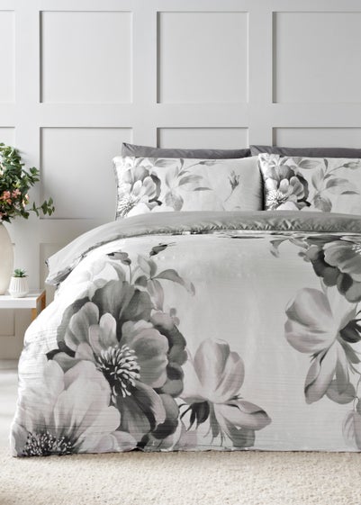 Grey Floral Print Crinkle Duvet Cover - Double