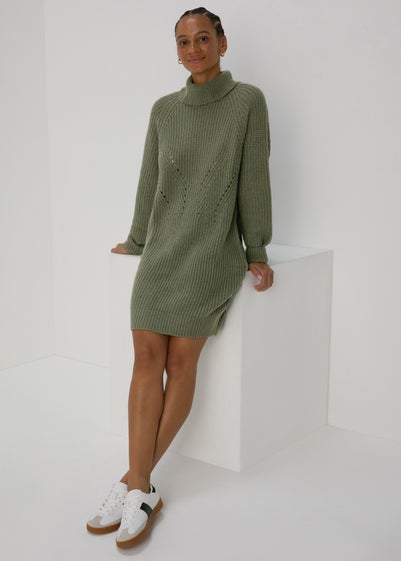JDY Justy Green Long Sleeve Cowl Neck Mini Dress - Size 8