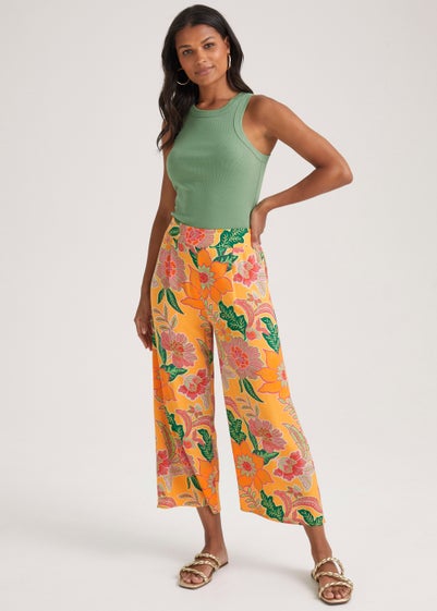 Multicoloured Floral Wide Leg Cropped Trousers