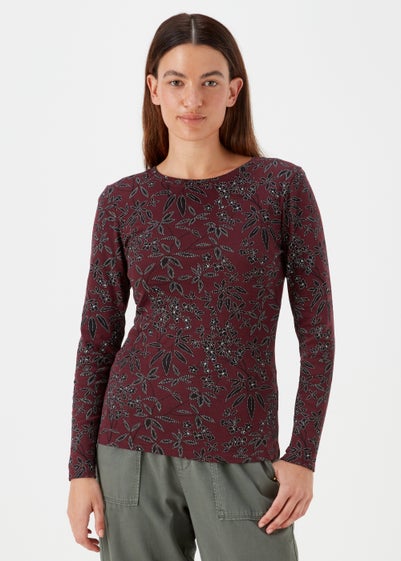 Burgundy Floral Print Long Sleeve T-Shirt