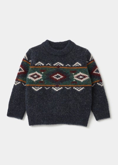 Boys Mini Me Navy Aztec Knitted Jumper (9mths-4yrs) - Age 9 - 12 Months