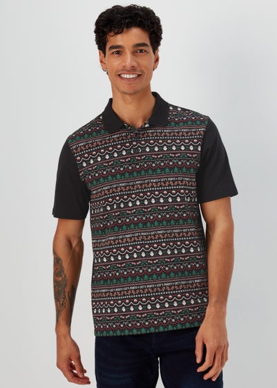 Black Christmas Wrapping Paper Print Polo Shirt