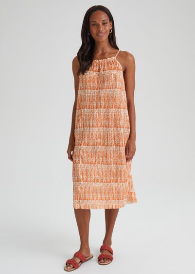 Orange Print Plisse Midi Dress