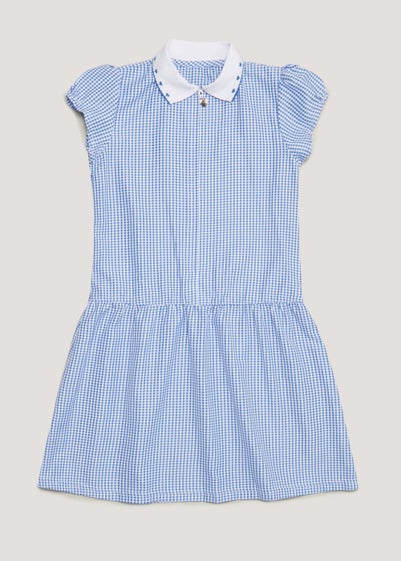 Girls Blue Knitted Collar Gingham School Dress (3-14yrs) - Age 9 Years