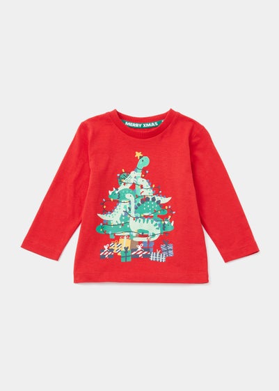 Boys Red Christmas Dinosaur Long Sleeve T-Shirt (9mths-6yrs) - Age 9 - 12 Months
