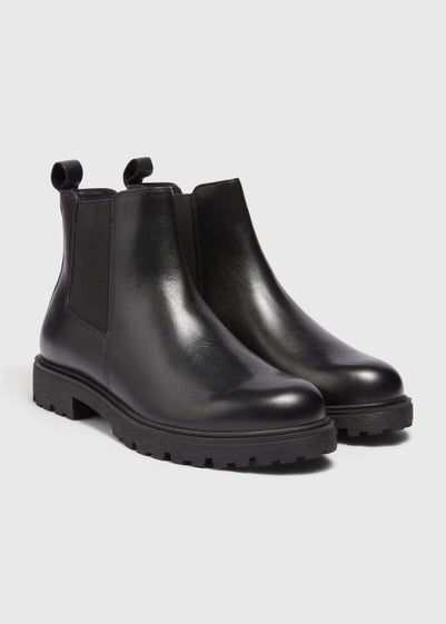 Black Real Leather Cleated Chelsea Boots