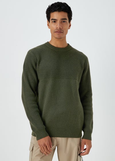 Khaki Ribbed Textured Crew Neck Jumper