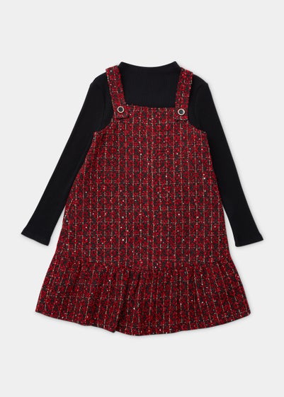 Girls Red Check Pinafore & Black Top Set (4-13yrs)