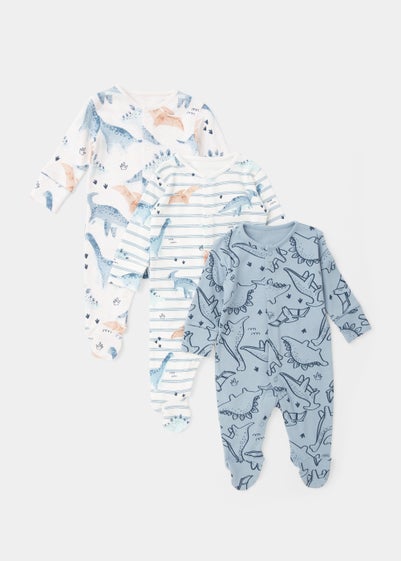 Baby 3 Pack Oatmeal & Blue Dinosaur Sleepsuits (Tiny Baby-18mths)